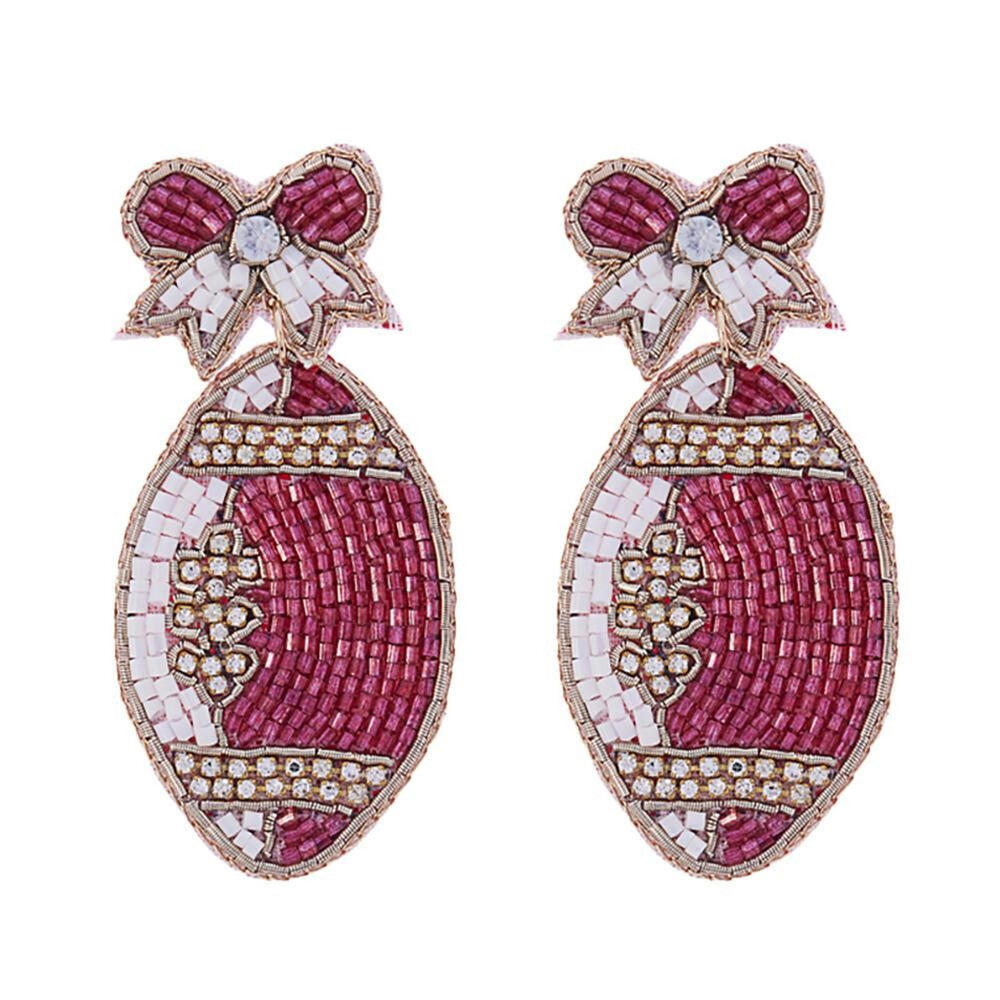 Red and White Seed Bead Game Day Football Drop Earrings Rhinestone Accents